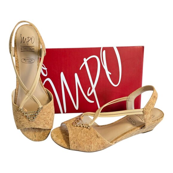 Impo Rodlyn Stretch Wedge Sandals Memory Foam Tan Cork Women's Size 8.5M - Picture 1 of 12